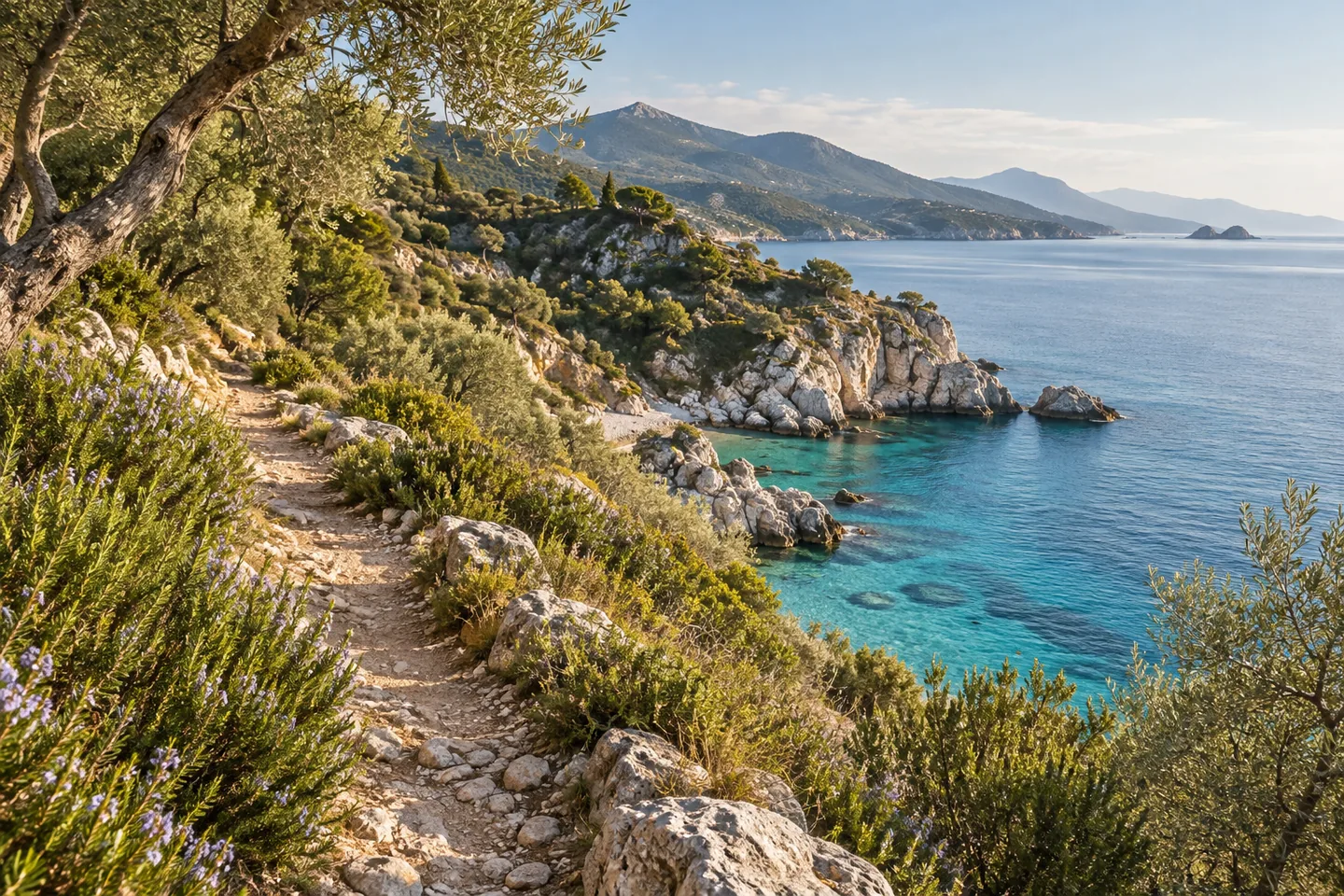 Illustrazione di un sentiero mediterraneo vicino al mare