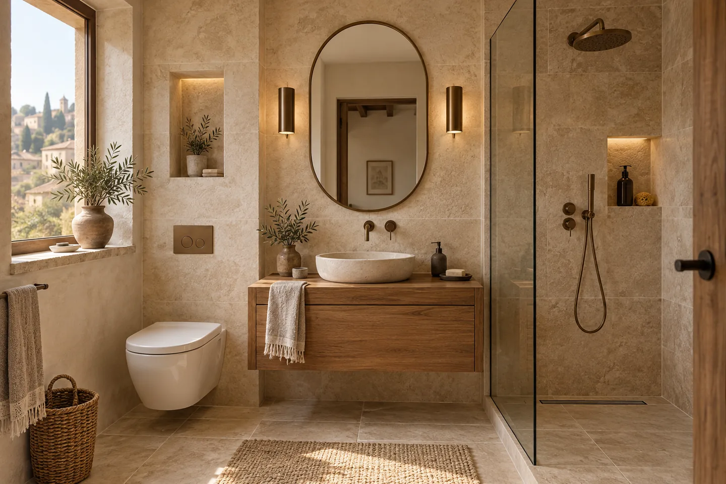 Simulazione grafica di un bagno con materiali caldi