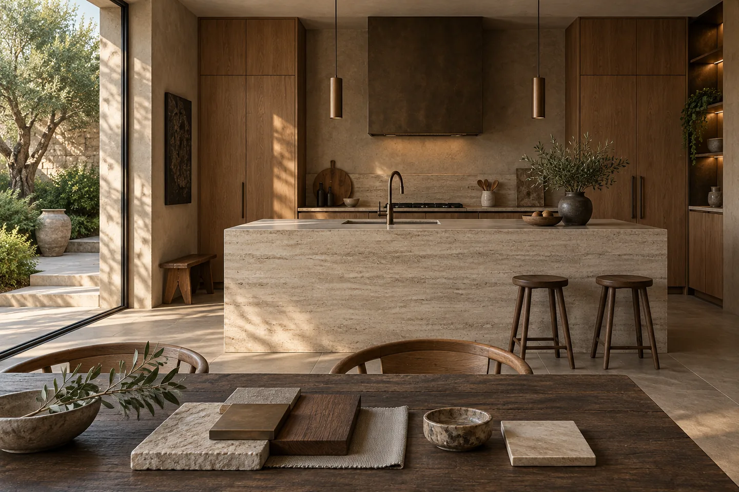 Concept AI di una cucina contemporanea in legno e pietra
