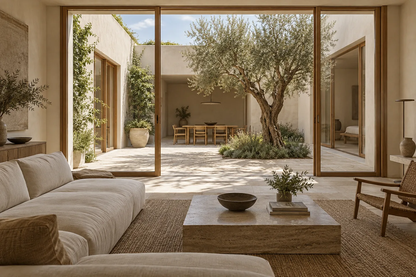 Concept illustrativo di una casa con corte e vegetazione